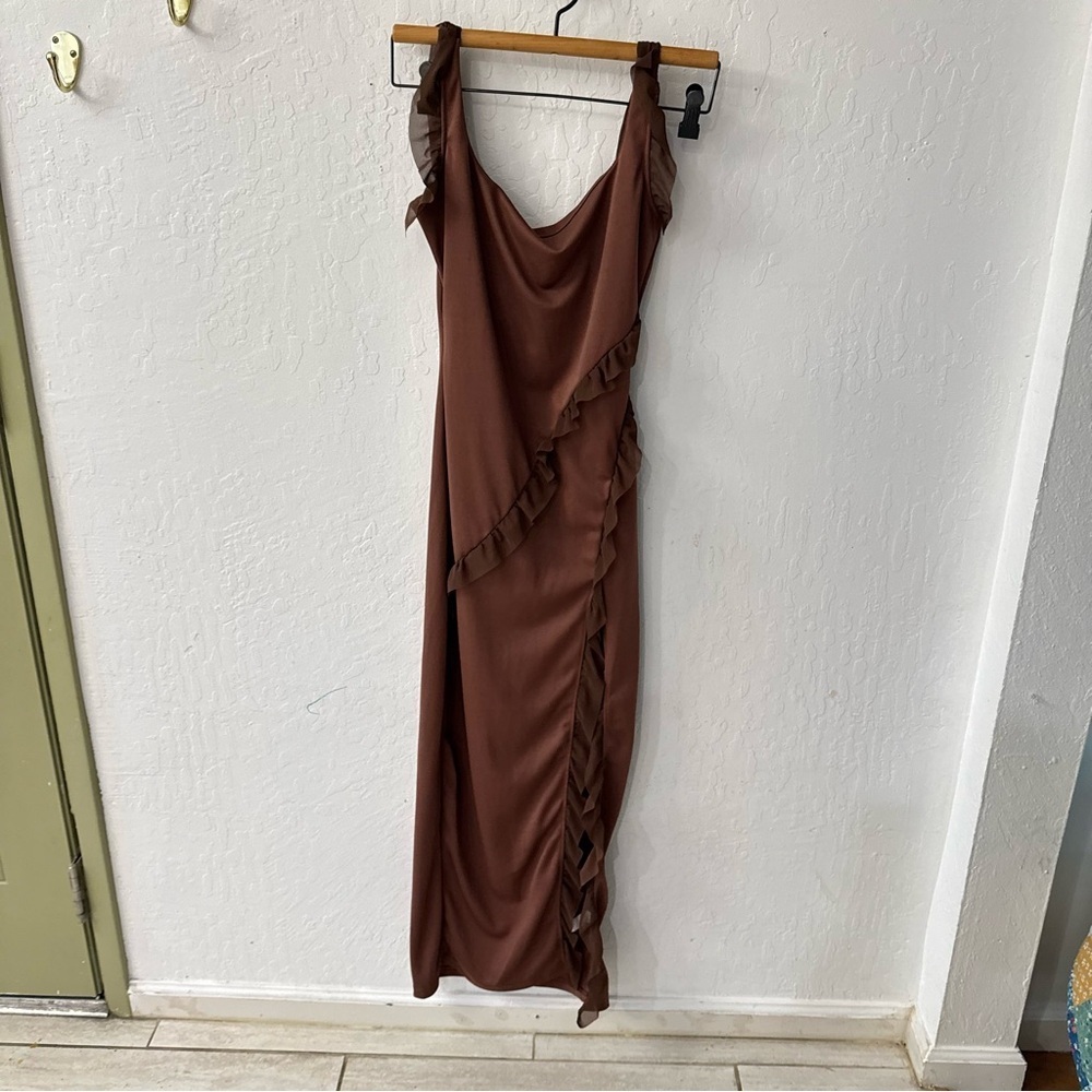Chocolate Brown Ruffle Bodycon Tank Midi Side Slit Dress Small - Picture 5 of 5